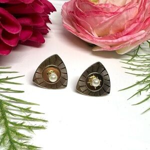 VINTAGE⚜️Art Deco Style Golden Pearl Clip Earrings